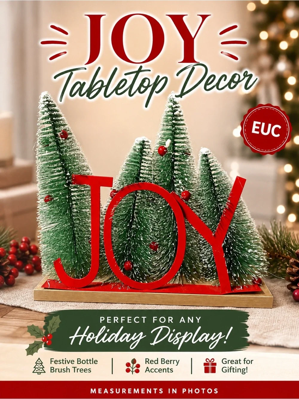 Christmas JOY Tabletop Decor with Bottle Brush Trees Holiday Centerpiece